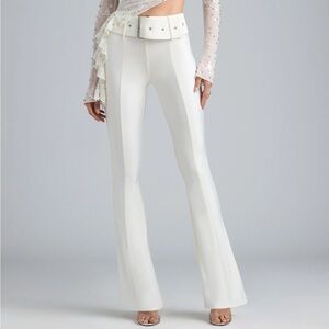 Oh Polly, GIA, Metallic Belted Mid-Rise Flared Trousers in Ivory, Size 2